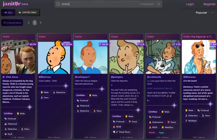 Parmi les personnages du chatbot conversationnel Janitor ia : Tintin