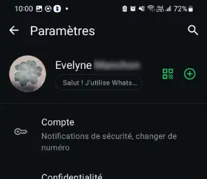 L'affichage des paramètres de profil sur Whatsapp