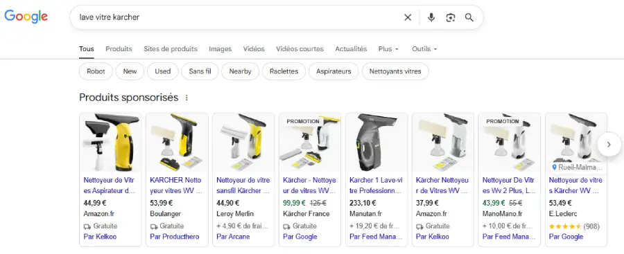 Exemple d'annonces Google Shopping avec les prix