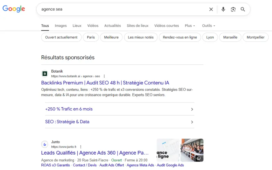 Exemple d'annonce Google Ads dans le réseau de recherche