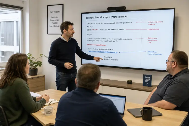 Séance de reporting avec l'équipe après un test de phishing en entreprise