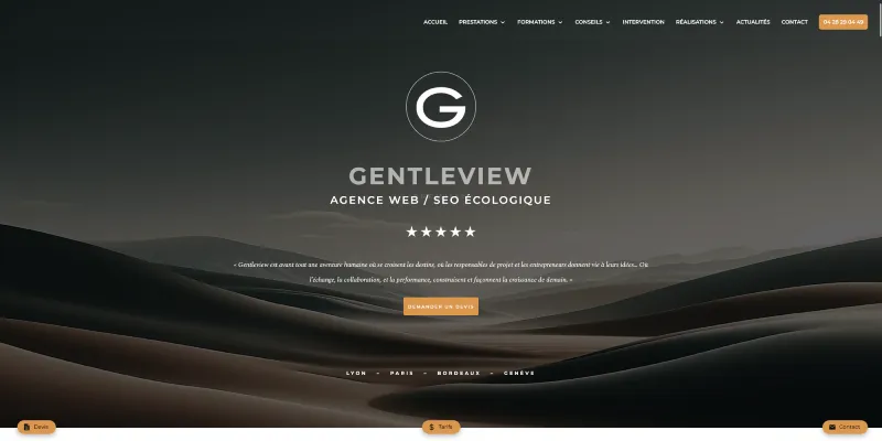 page d'accueil du site web de l'agence Gentleview
