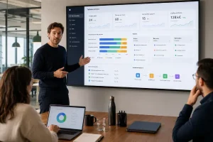 Ecran interactif avec dashboard d'outil no code en entreprise