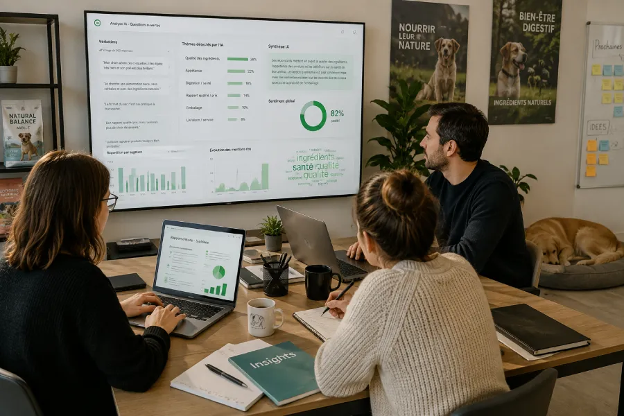 Equipe marketing en réunion avec aide de l'IA pour l'analyse des réponses d'un questionnaire