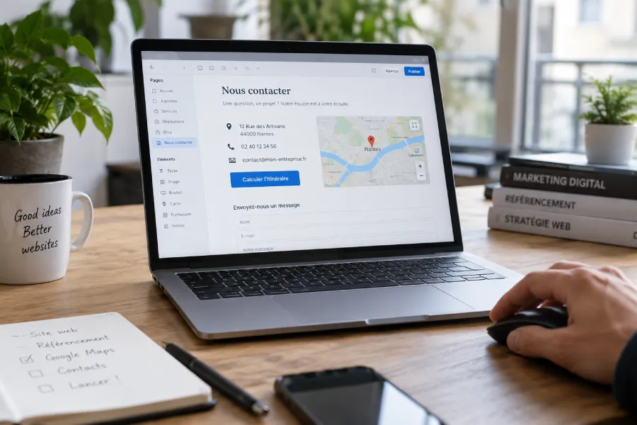 Page de contact d’un site web avec un bouton pour calculer un itinéraire Google Maps