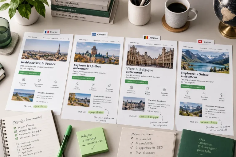 Illustration du SEO multilingue avec une même page web adaptée à plusieurs marchés francophones