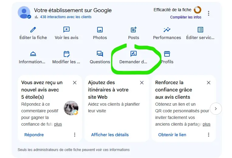 L'icone pour demander un avis sur la fiche établissement Google